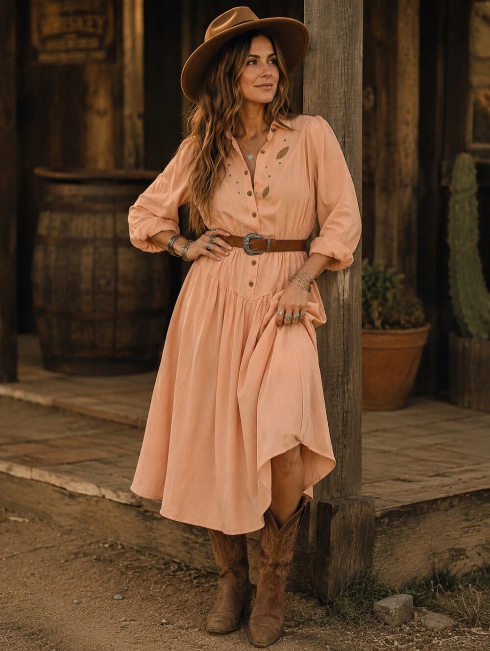 Vintage Xanadu Peach Button Front 3/4 Sleeve Midi Maxi Dress Western Festival